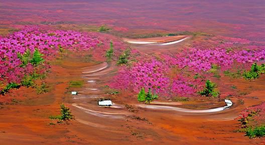 Dirt Road Forest Lake with Flowers