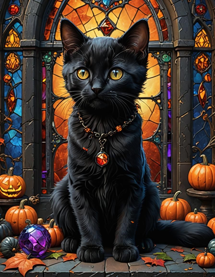 Vintage Halloween Kitten in Stained Glass Style