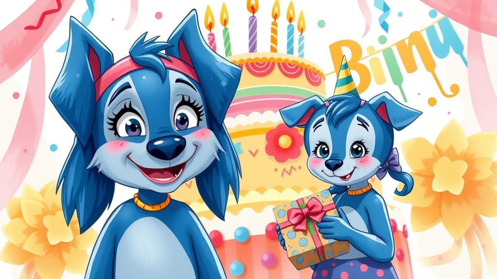 Bluey's Birthday Celebration in Watercolor Style