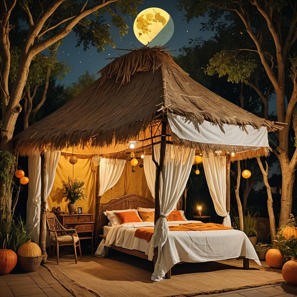 Moonlit Sukkah in Surreal Jewish Folk Art Style
