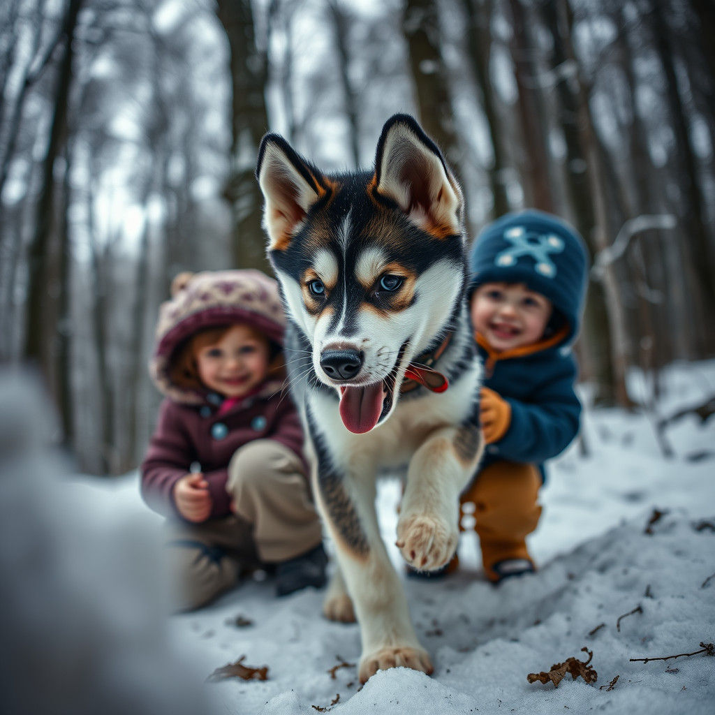 Husky Puppy Plays with Children in Winter Forest