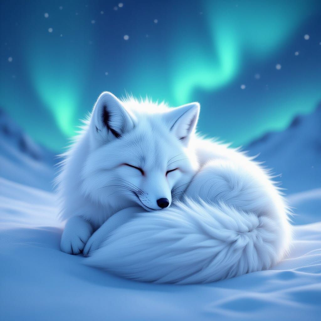Arctic Fox Asleep Under Aurora Borealis