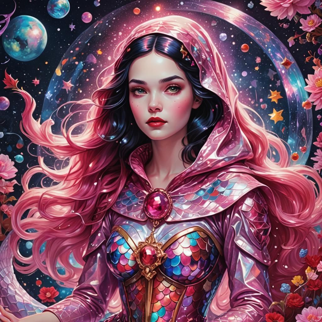 Snow White Space Mermaid in Cosmic Illustration