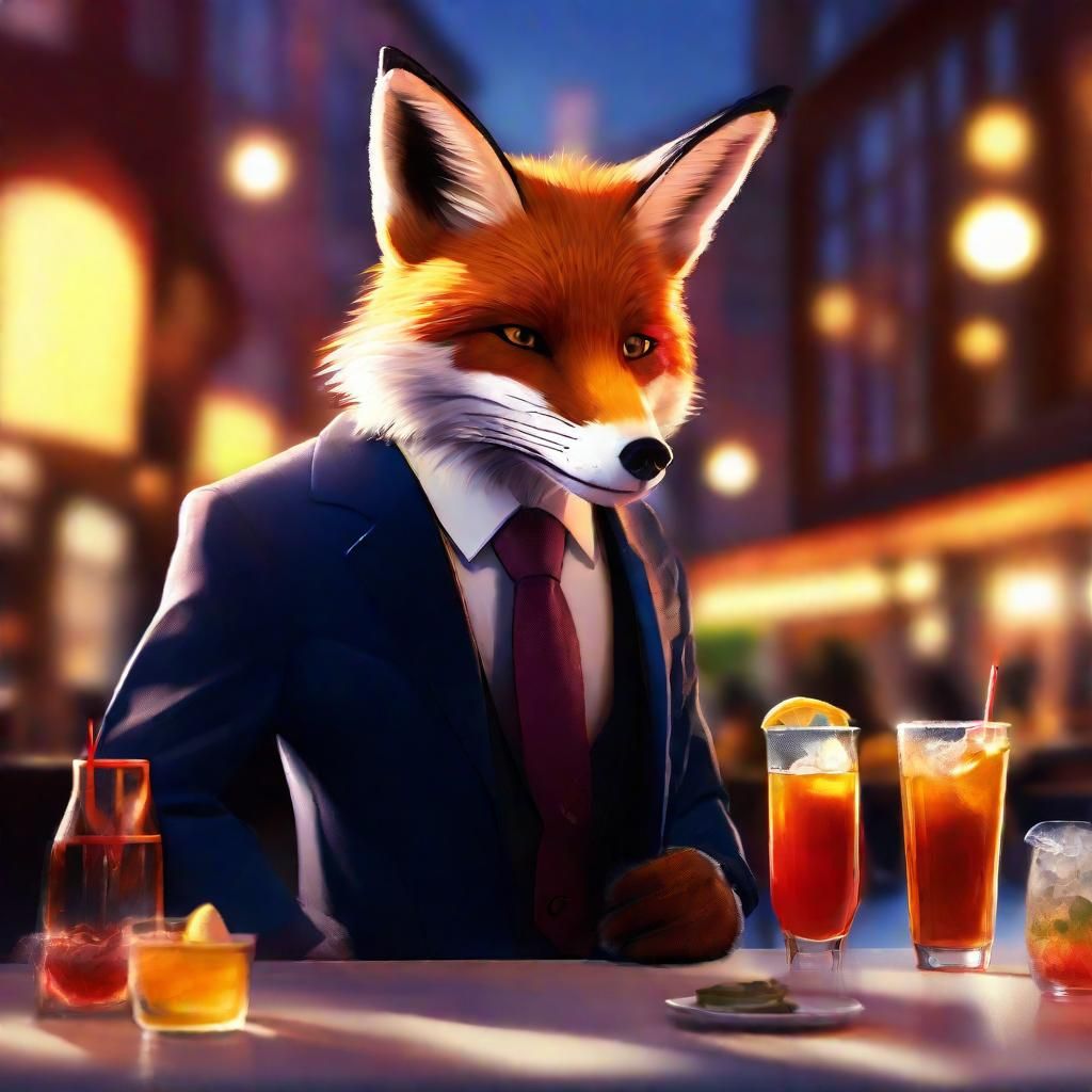 Fox Bartender in Suit: Hyperrealistic Digital Painting