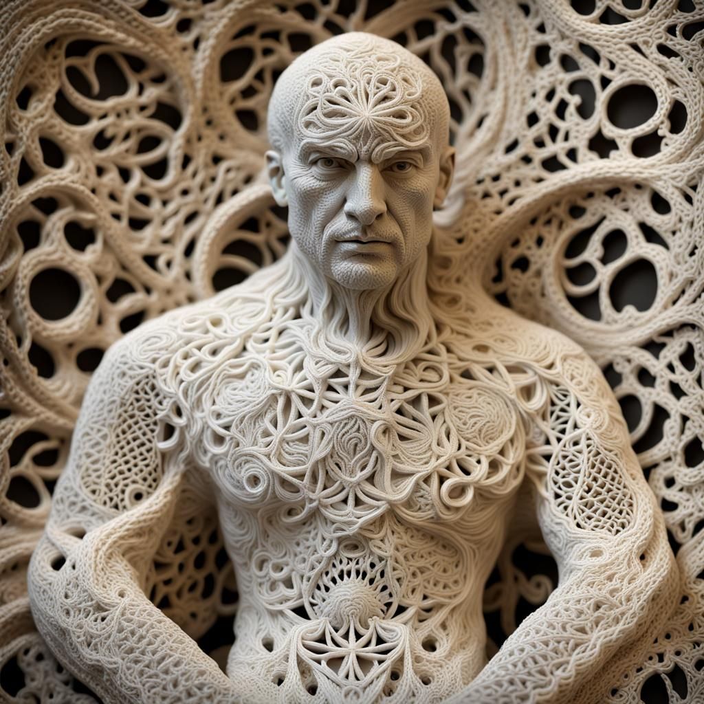 a man, sculpture made of yarn in crochet technique
