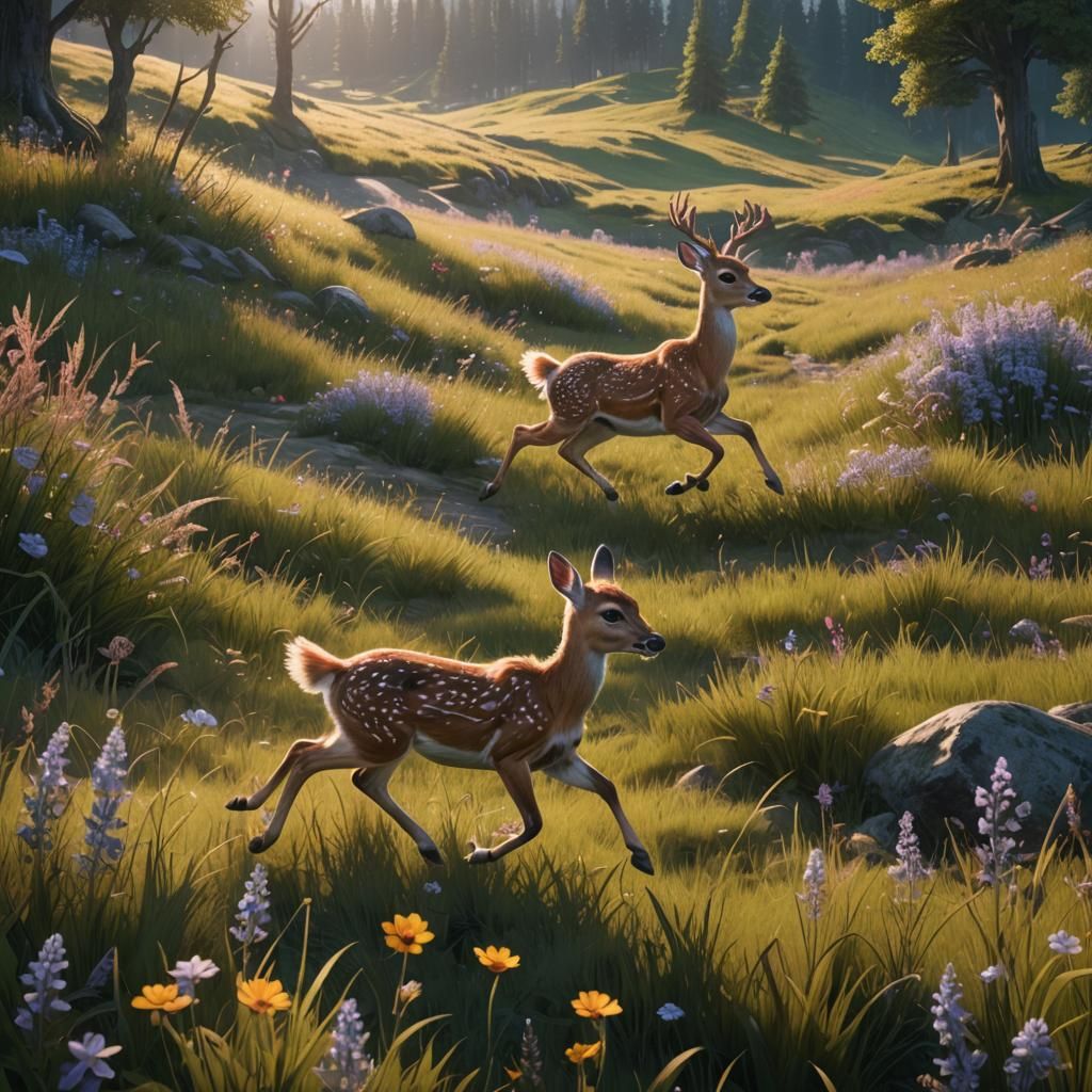 Fawn Running in Sunny Meadow: Detailed Digital Art