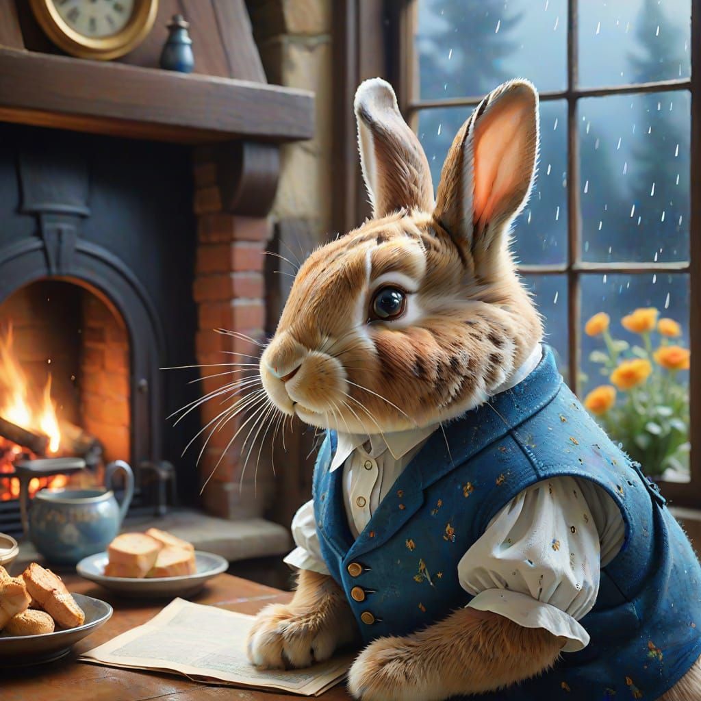 Whimsical Bunny in Blue Waistcoat Watercolor