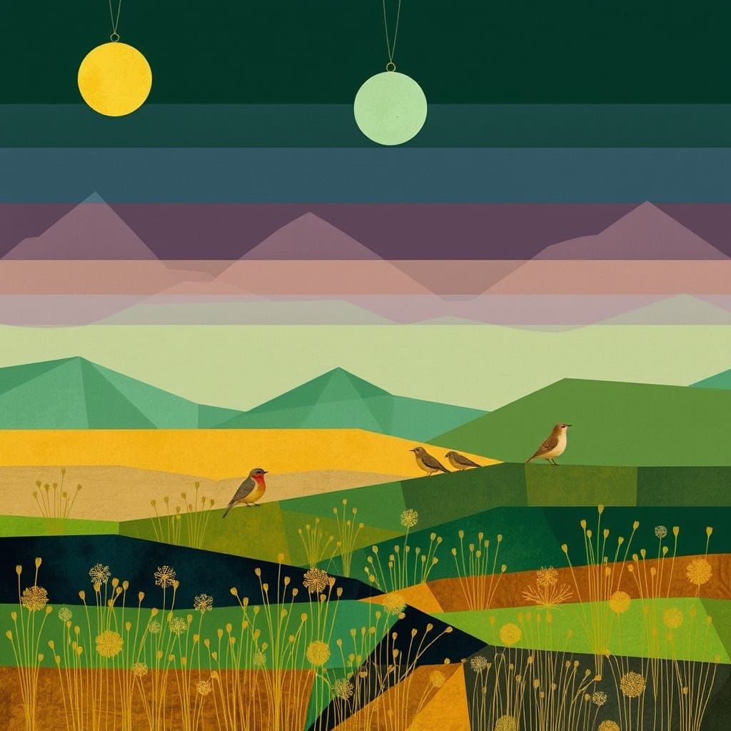 Geometric Landscape with Birds in Green and Gold