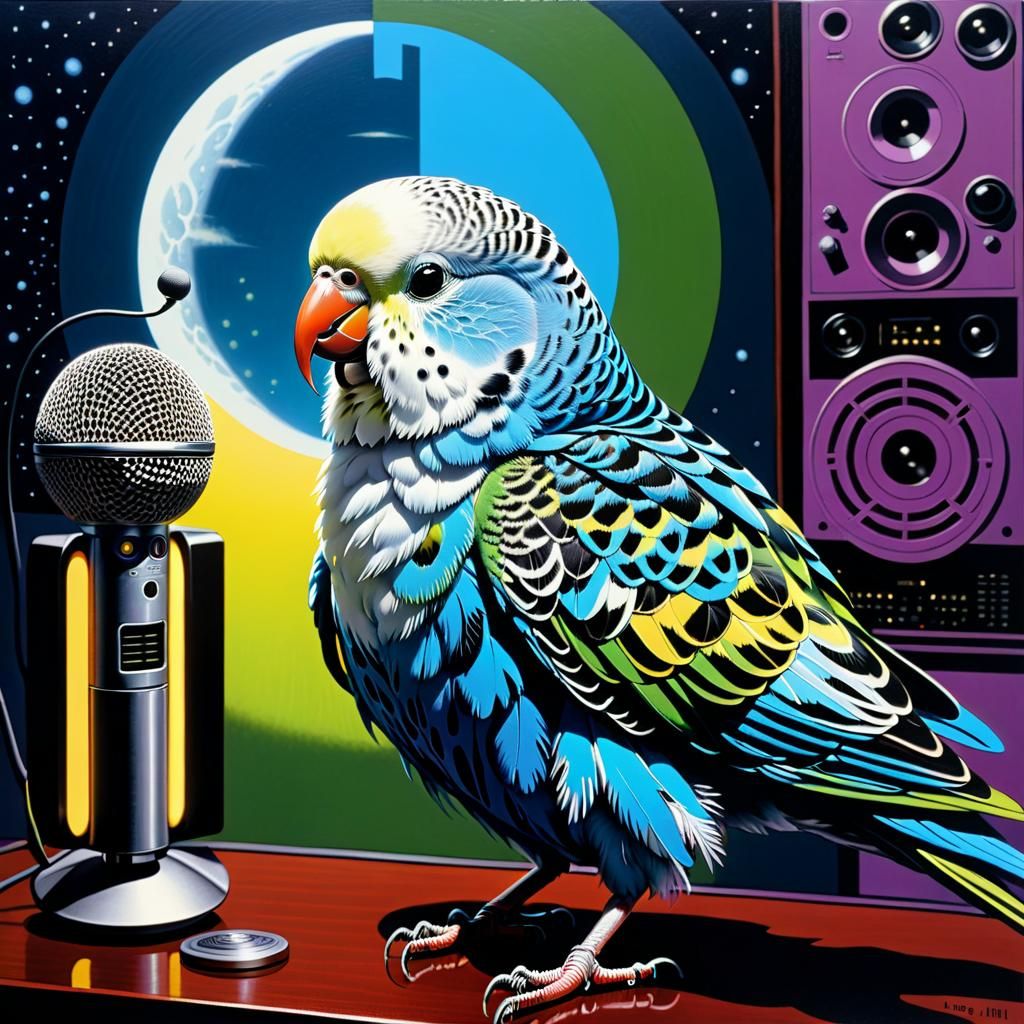 Sci-Fi Tokyo Alien Budgie Karaoke Linocut