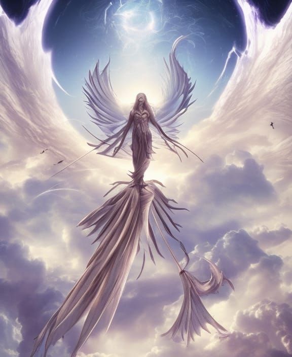 Angel Soaring Over City in Hyperrealistic Style