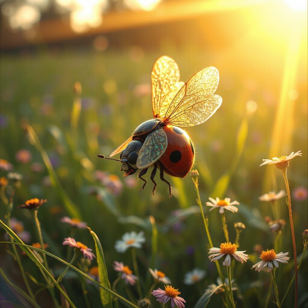 Whimsical Dragonfly-Ladybug Hybrid in Golden Hour Meadow