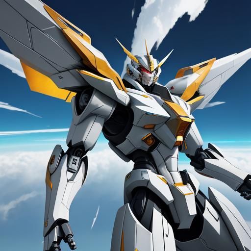 Anime Mecha Soars Through Blue Sky