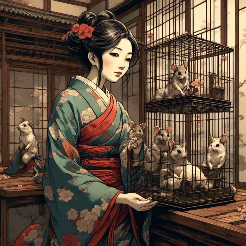 Japanese Woman with Mouse Cage in Anime Style