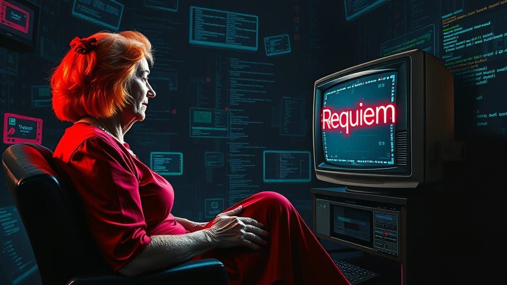 Elderly Woman Watching TV in Cyberpunk Style