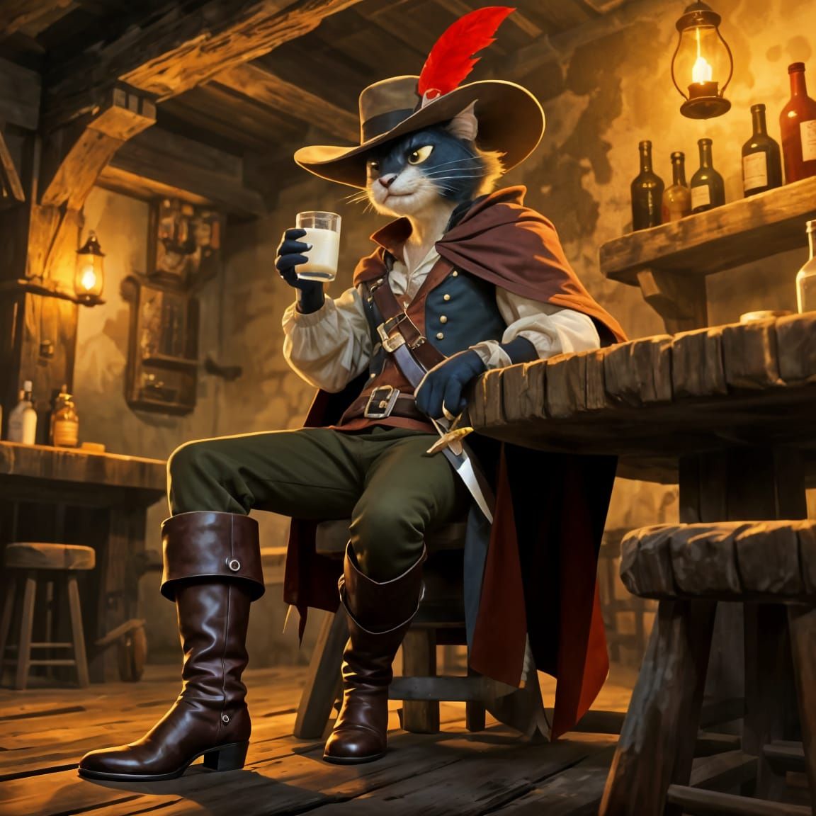 Swashbuckling Cat Sips Milk in Tavern