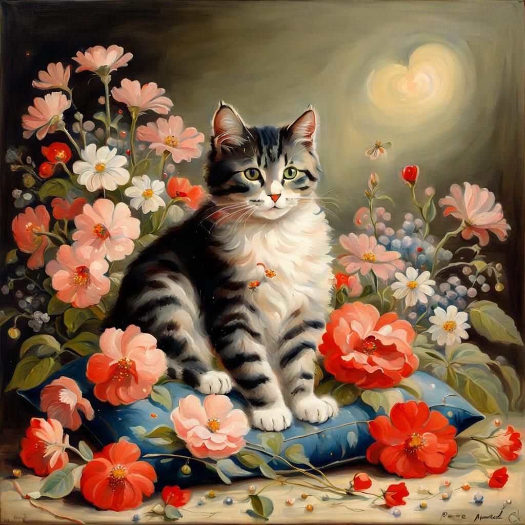Mystical Feline in Floral Adoration