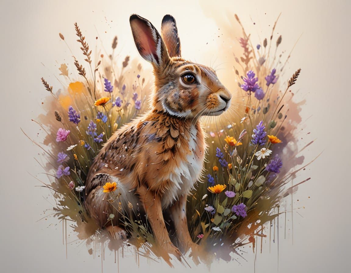 Brown Hare in Wildflower Meadow, Painterly Realism
