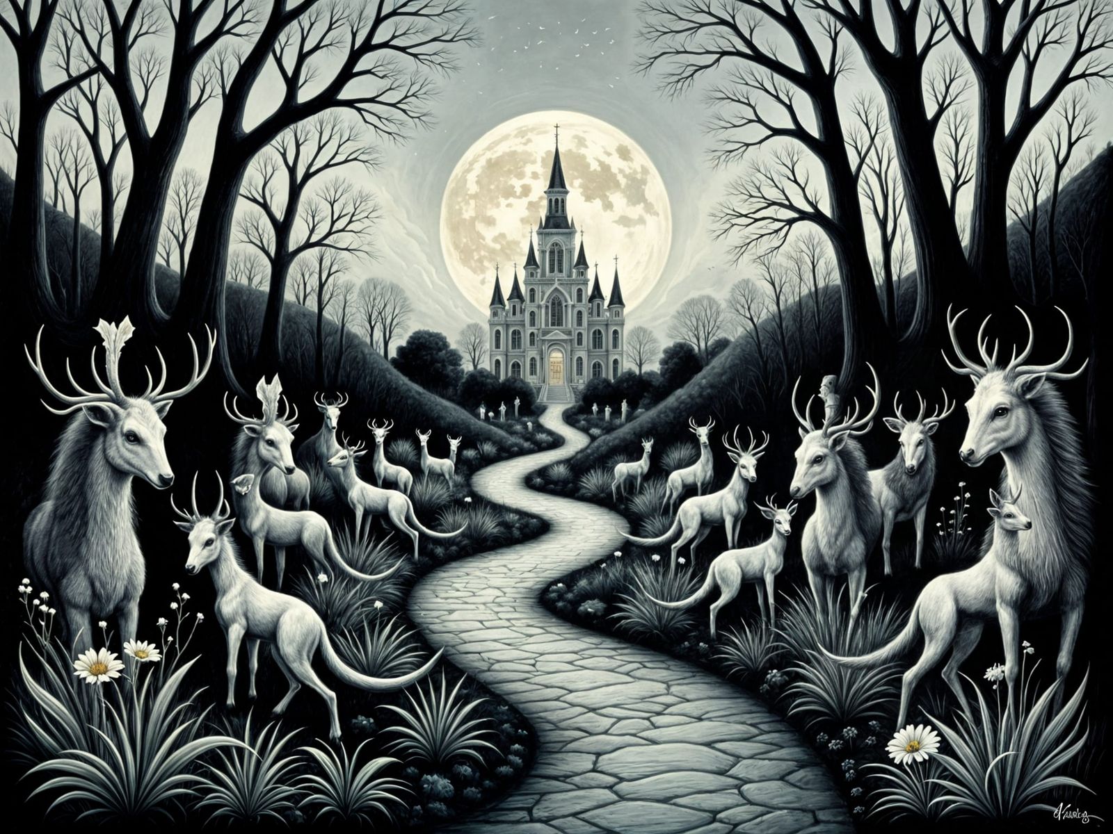 Ethereal Victorian Gothic Scene in a Dark, Mystical Forest