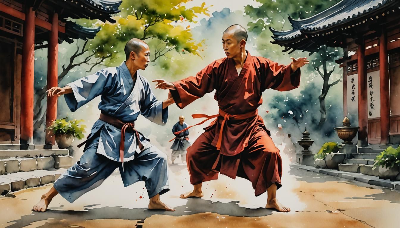 Watercolor: Shaolin Monk Teaches Martial Arts