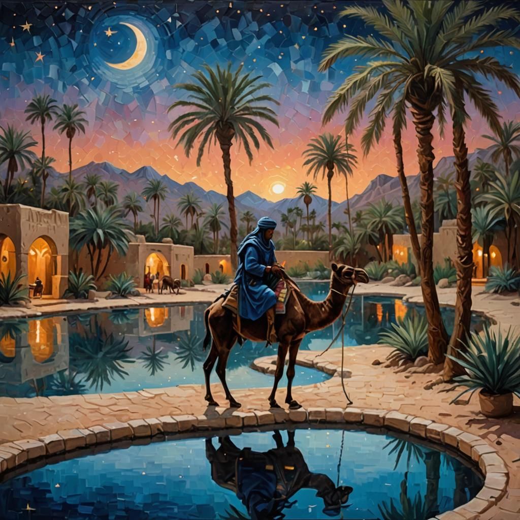 Tuareg Warrior at Oasis: Oil Painting with Impasto Textures