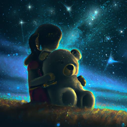 Girl Hugging Teddy Bear Stargazing: Cinematic Digital Art