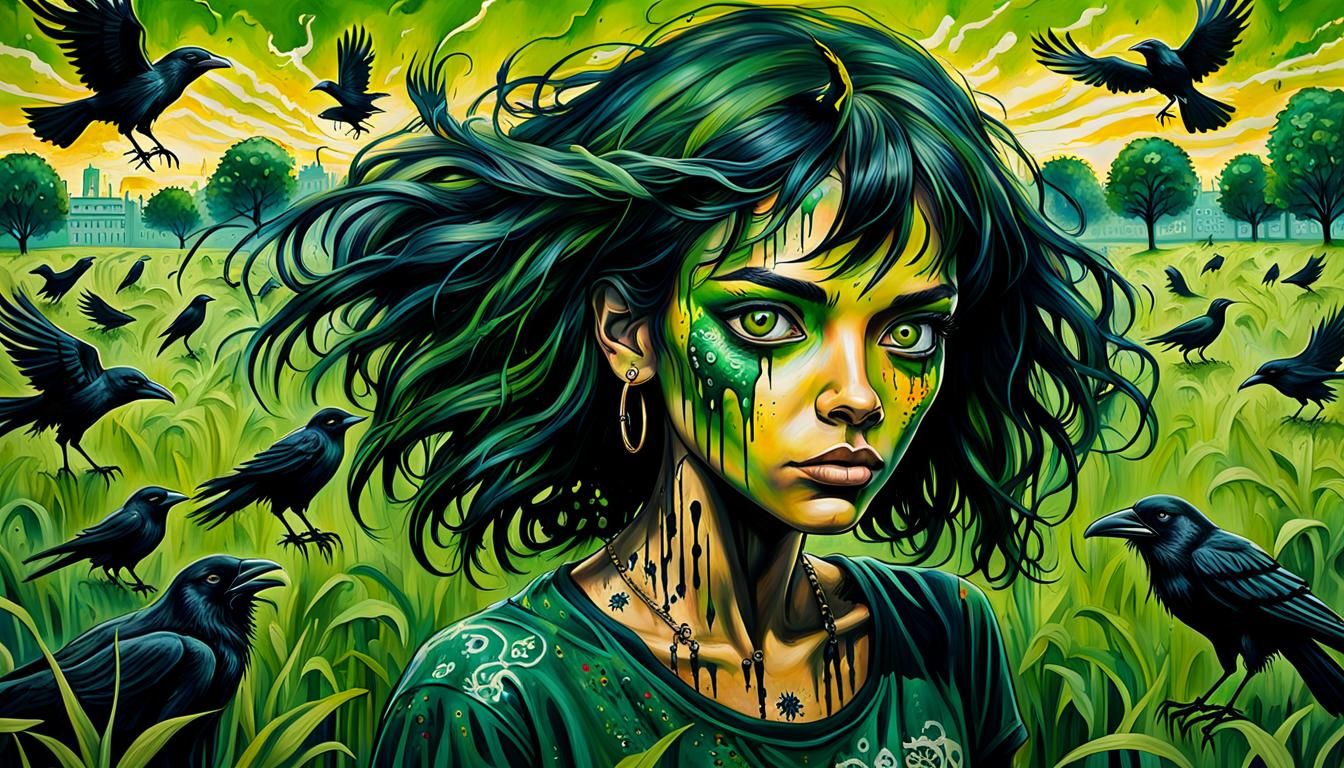 Gypsy Girl Surrounded by Crows in Street Art Style