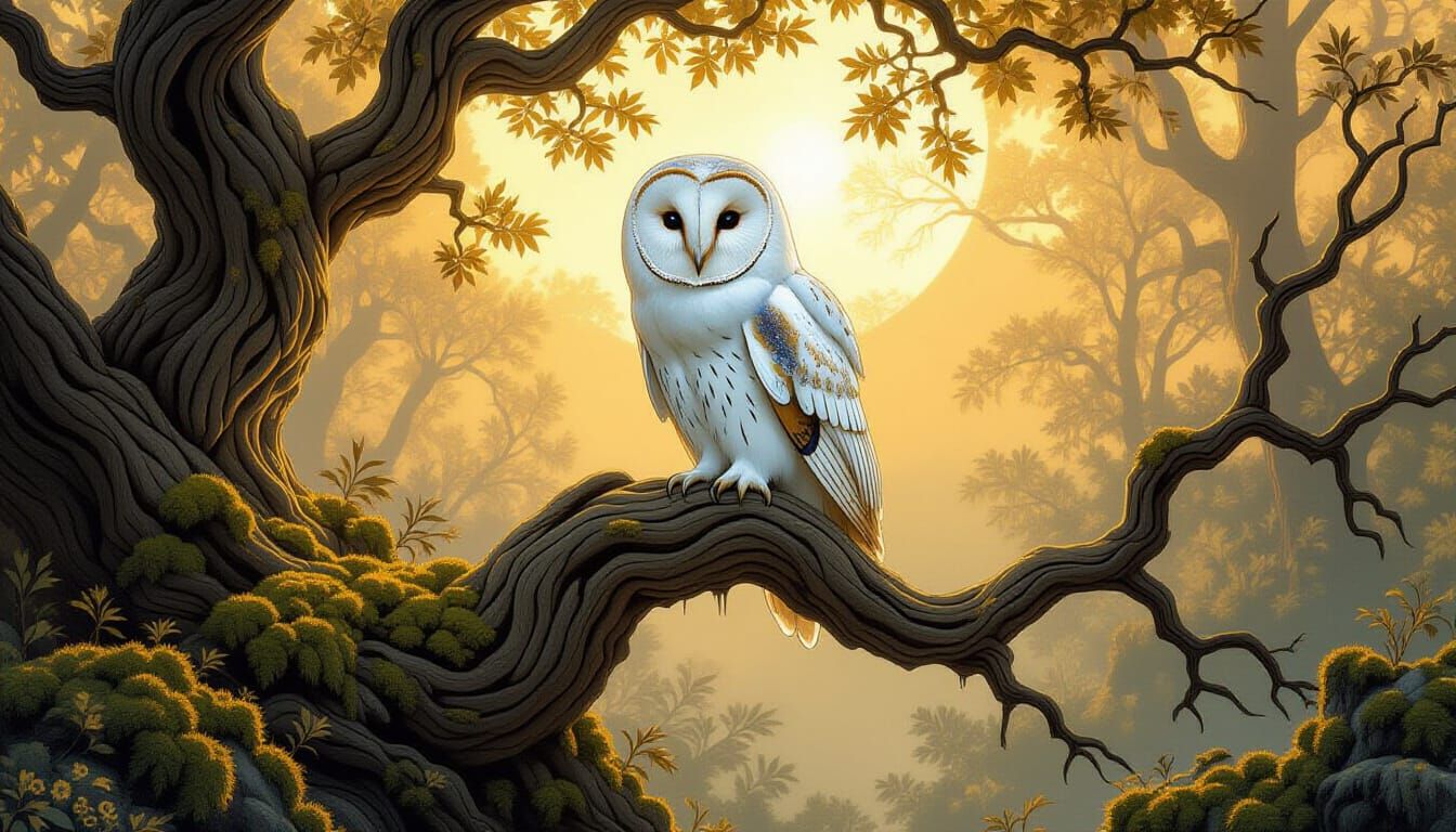 Majestic Owl on Ancient Branch, Dusted with Moonlight