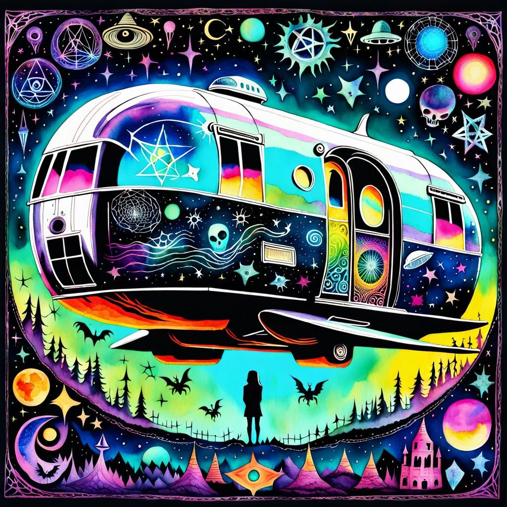 Watercolor Alien Emerges from Spaceship with Airstream