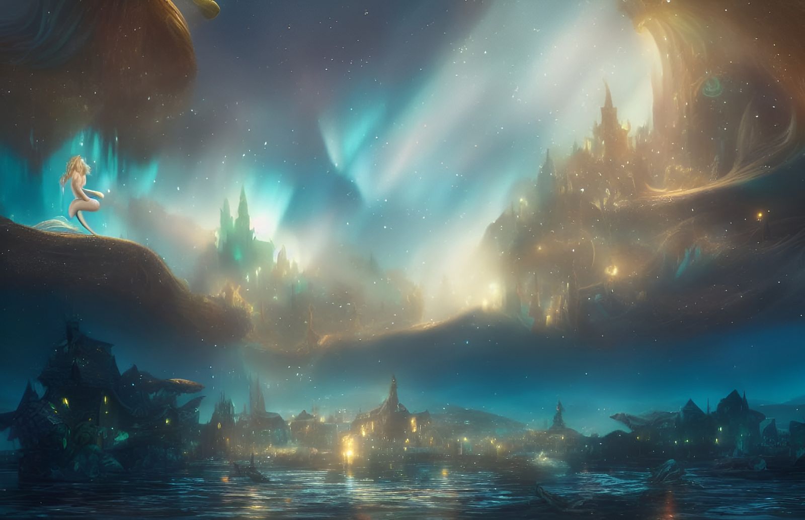 Underwater Mermaid City with Aurora Borealis: Fantasy Art
