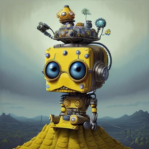 Robot on a Hill in Pop Surrealist Style