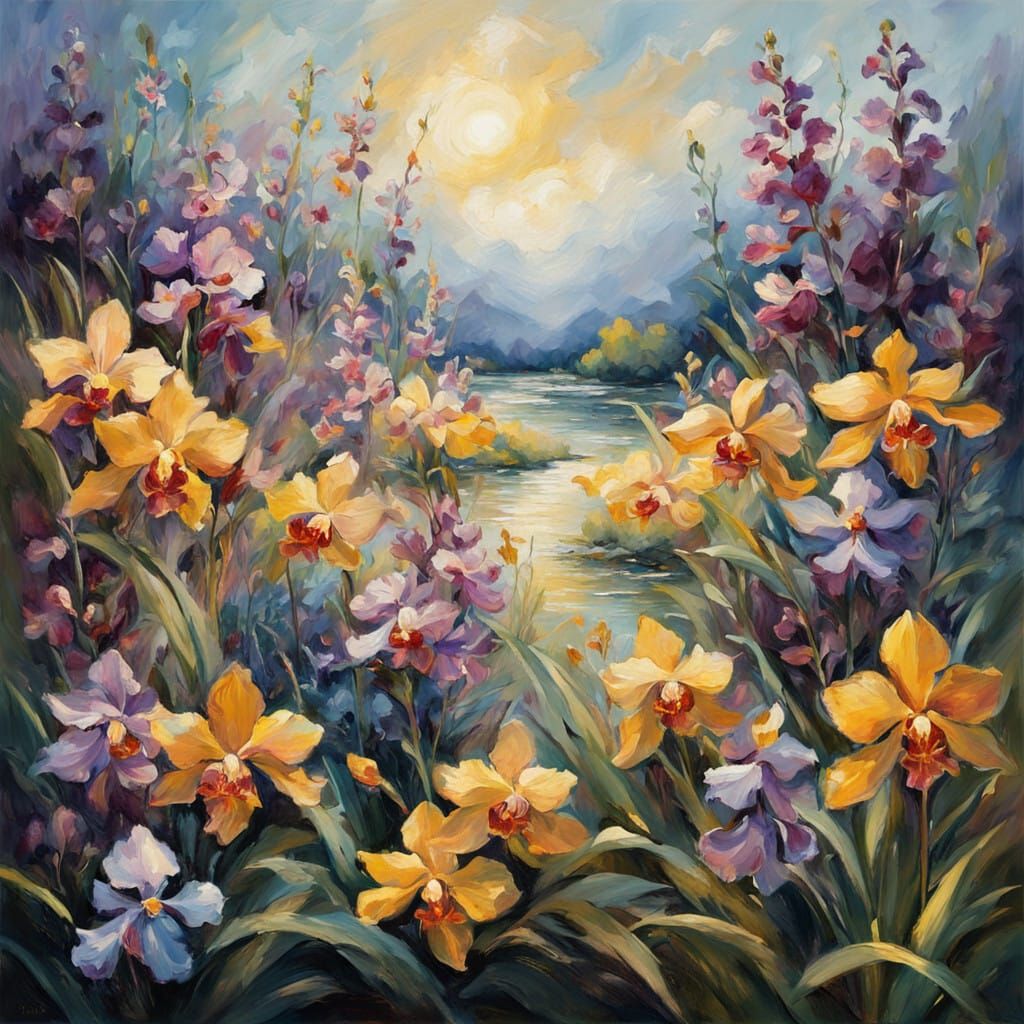 Golden Boulbines Surround Vibrant Purpling Orchids and Delic...