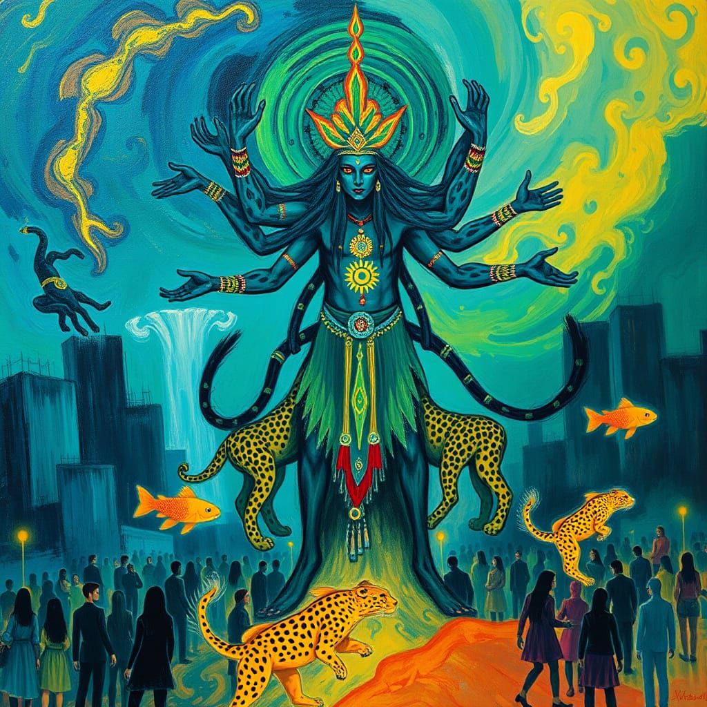 Vibrant Leopard Shaman in Mystical Cityscape