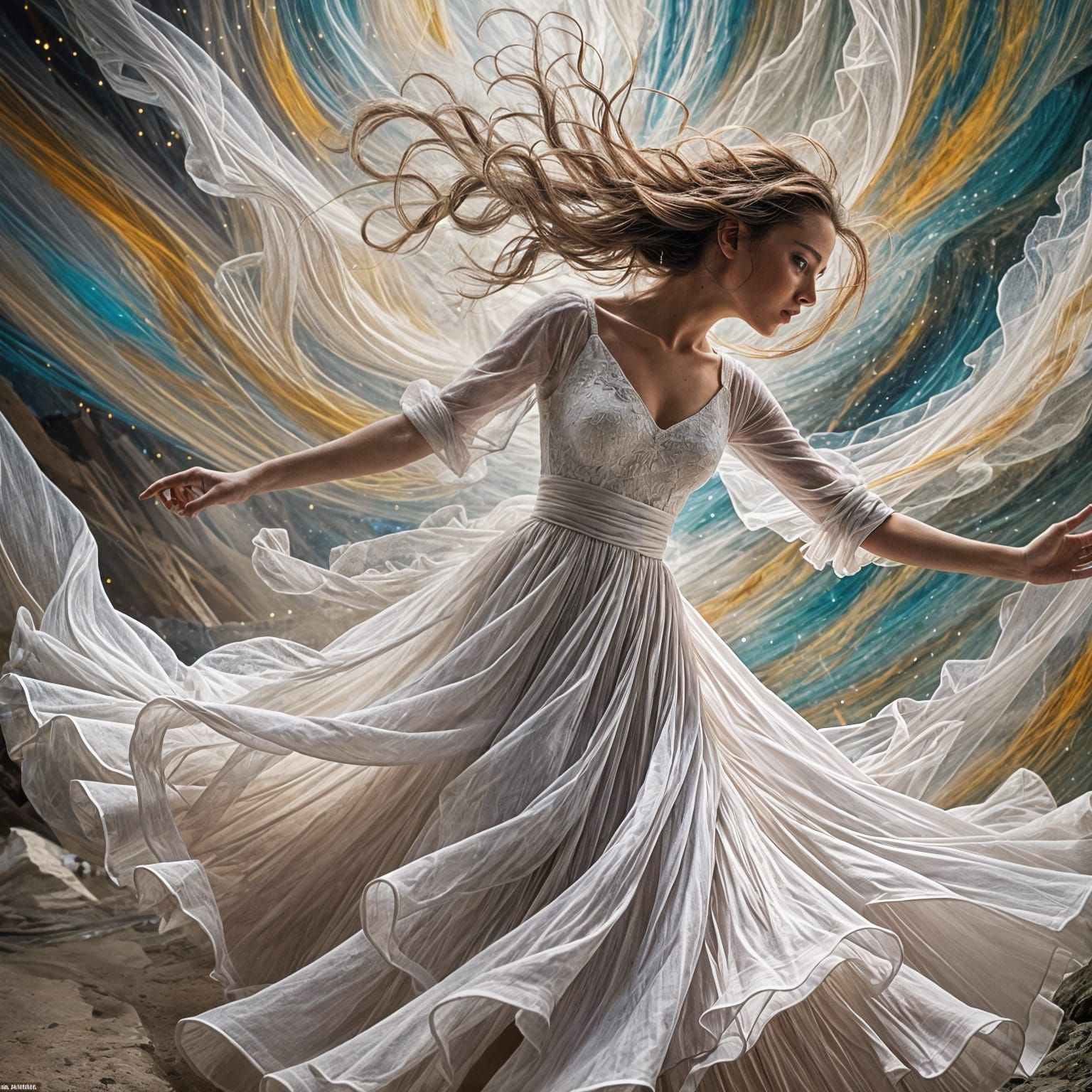 Girl Flying Faster Than Light in Vivid Lights