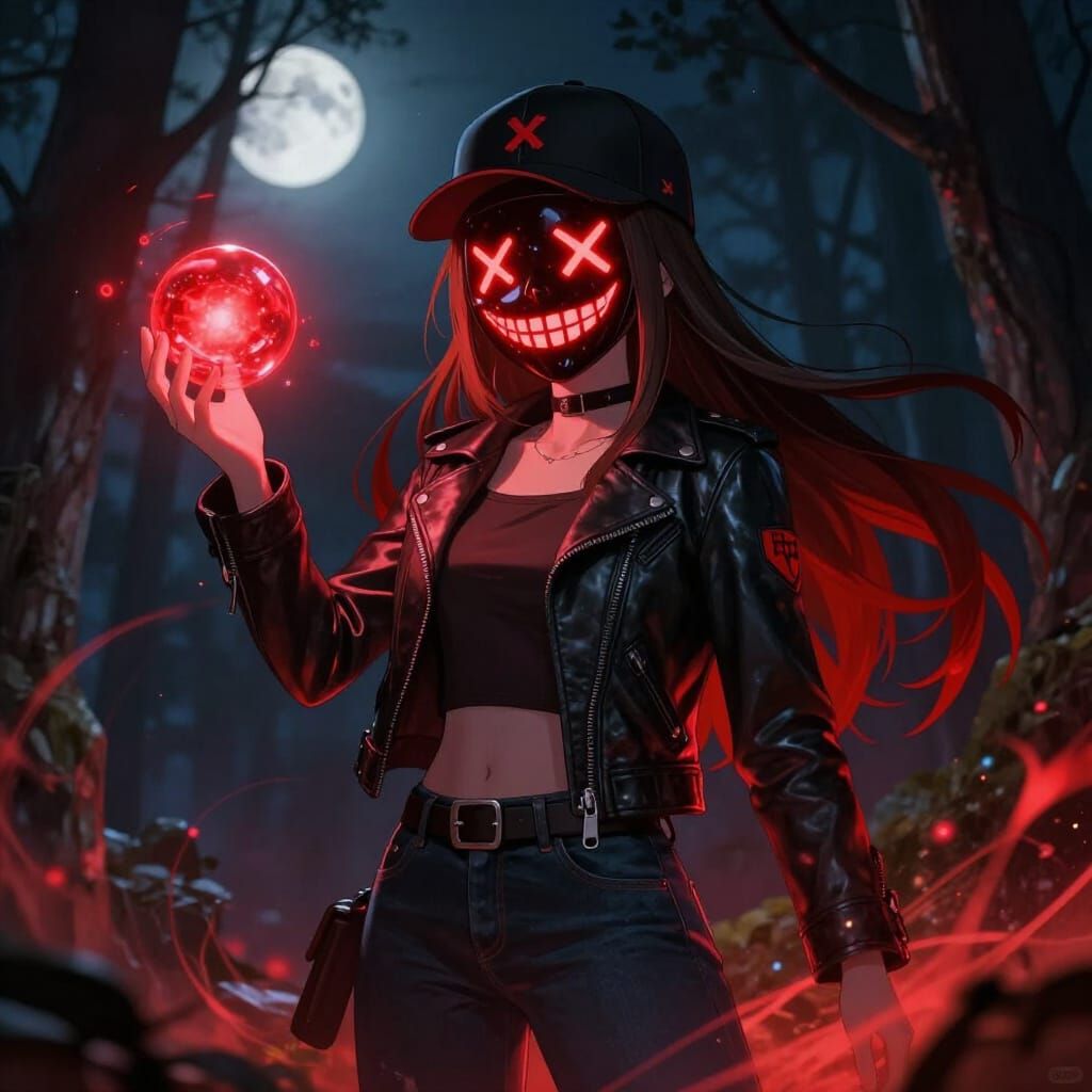 Anime Girl in Scary Mask with Glowing Orb in Forest