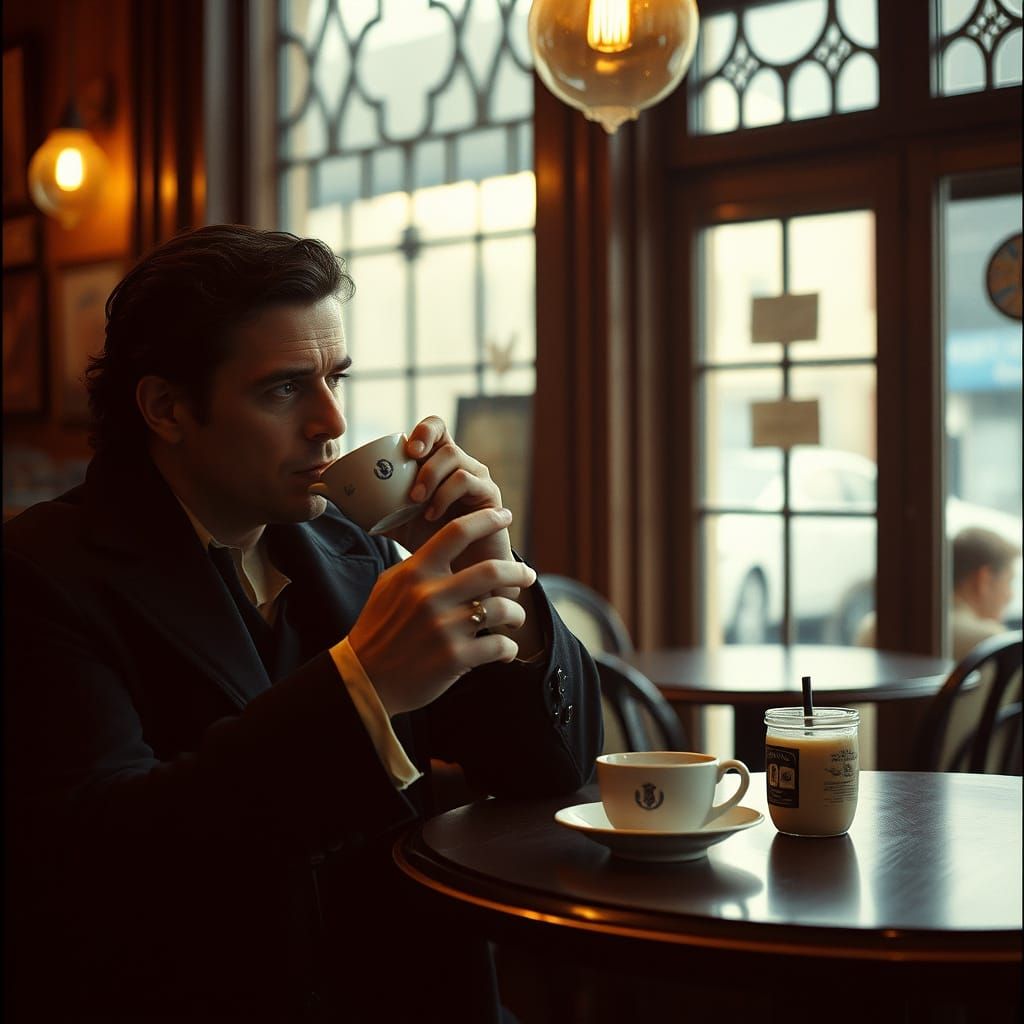 Ethereal Film Still of Ichabod Crane in Coffee Shop