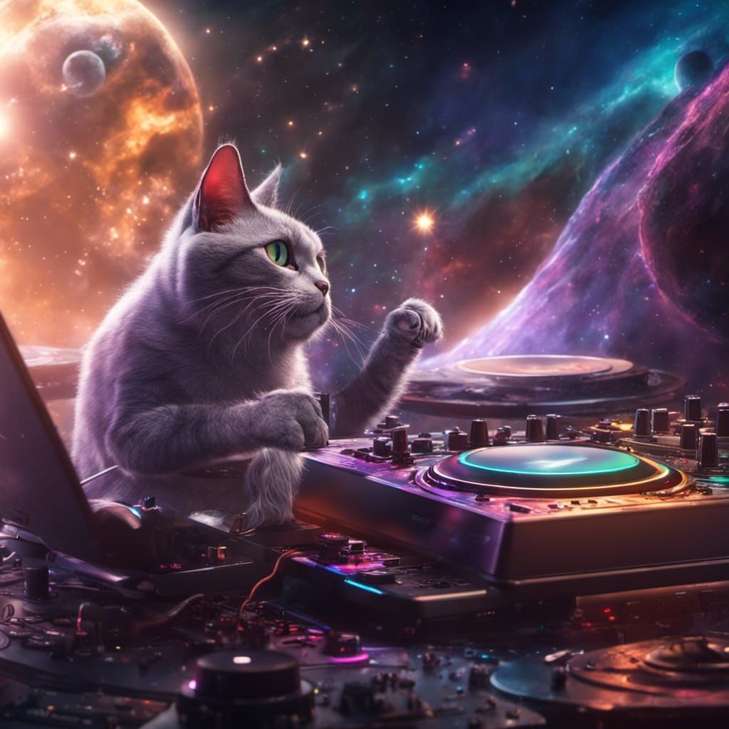 Spacecat DJing in the Universe: Fantasy Concept Art