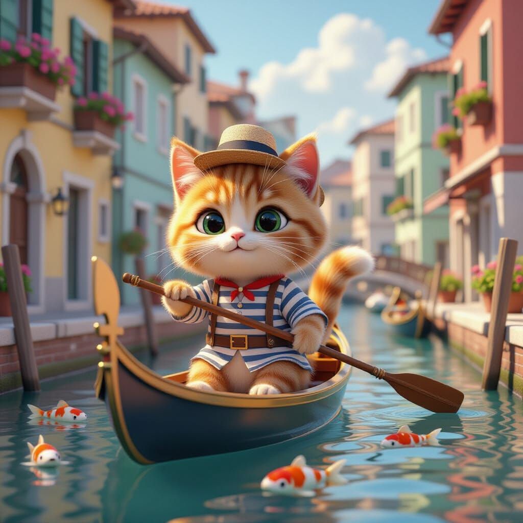 Whimsical Cat Gondolier in Animated 3D Art Style