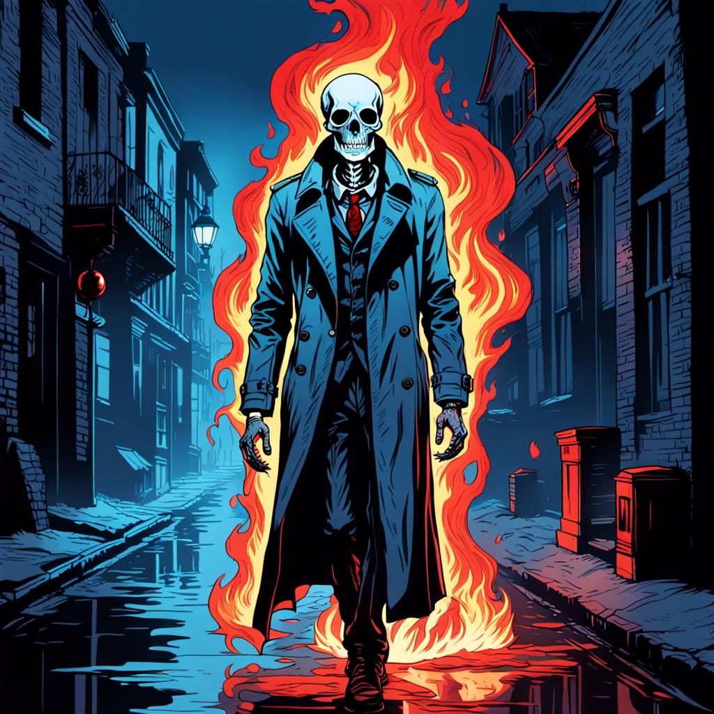 Skeleton in Trench Coat Line Art