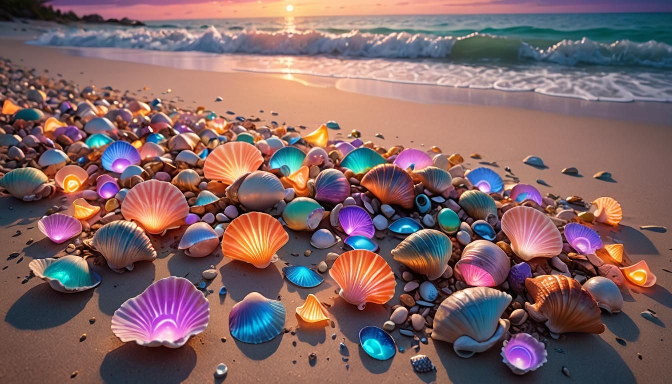 Neon Seashells on a Beach at Sunset