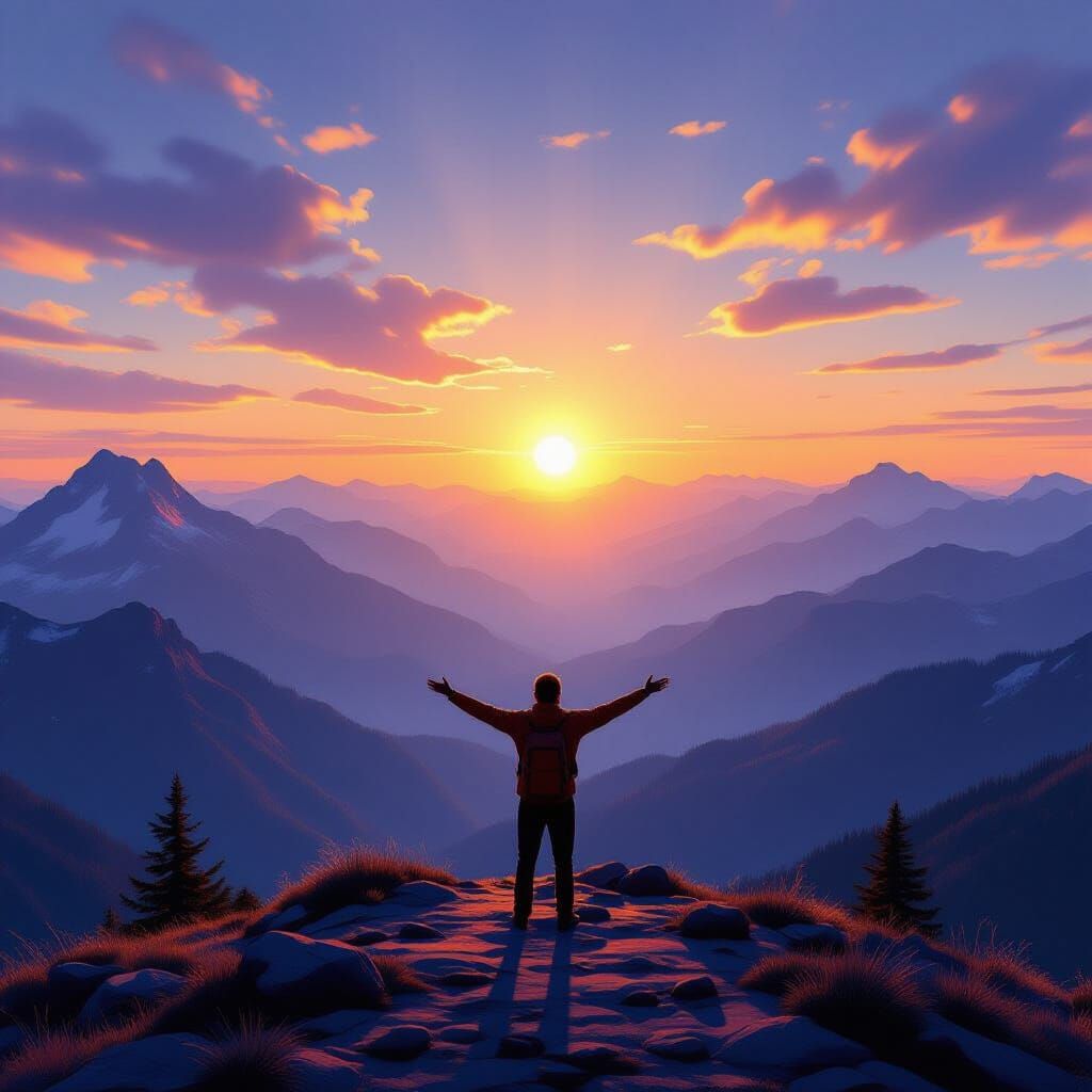 Lone Figure Embraces Dawn on Vast Mountain Plateau