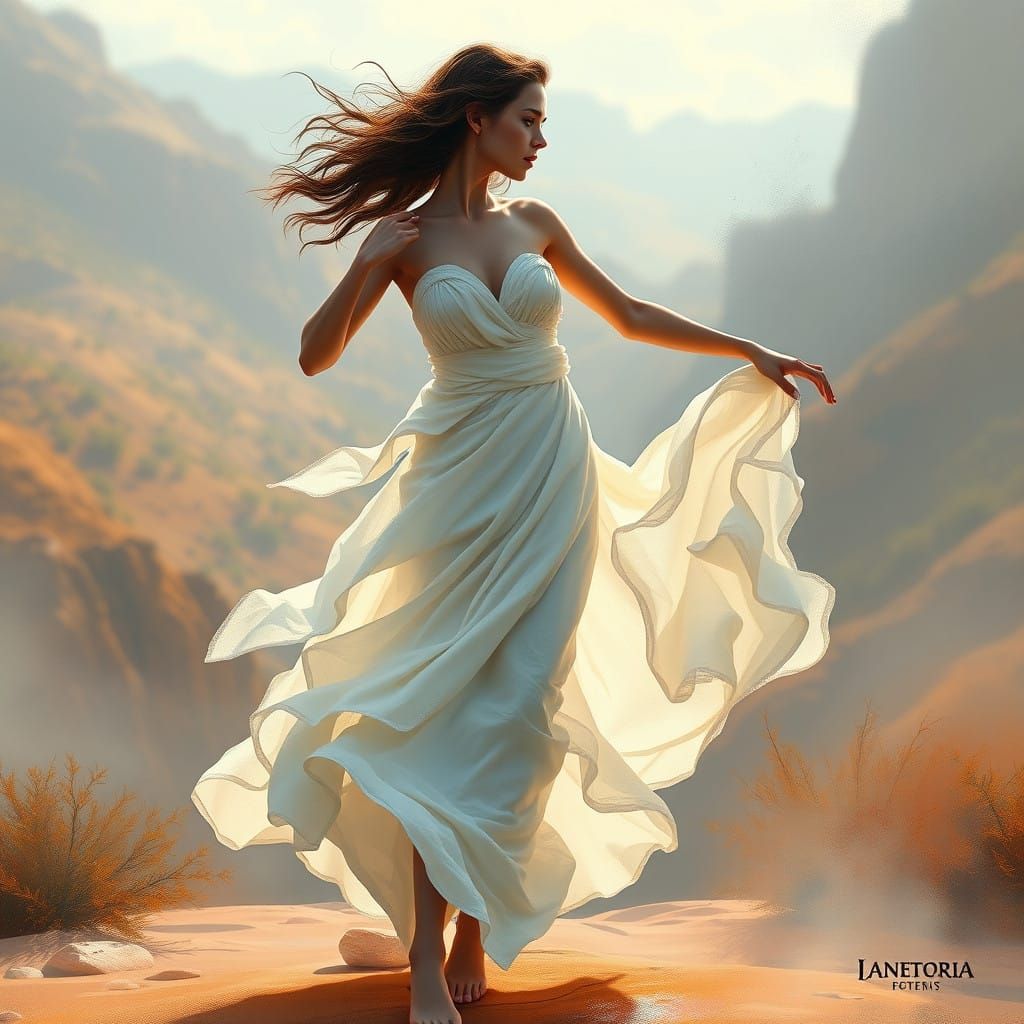 Ethereal Greek Goddess Dances in Dreamlike Landscape