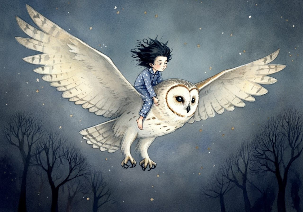 Ethereal Owl Flight Under Starry Night Sky in Soft Watercolo...