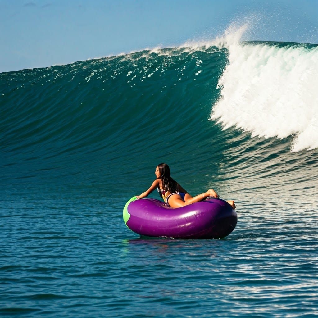 Olivia Rodrigo Surfing a Giant Eggplant Pooltoy
