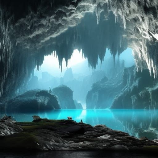 Epic Lake Inside Cave: Realistic Fantasy Painting