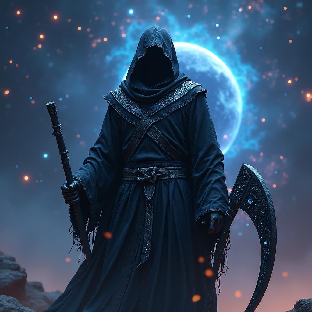 Galactic Assassin with Glowing Scythe and Runes