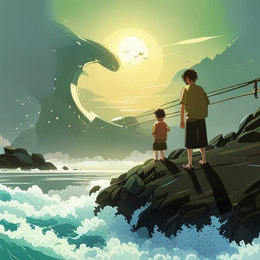 Fishermen and Dragonfish on Golden Waves: Anime Concept Art