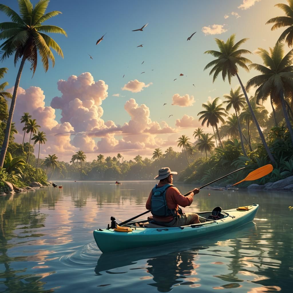 Man Fishing from Kayak in Florida: 3D Digital Art