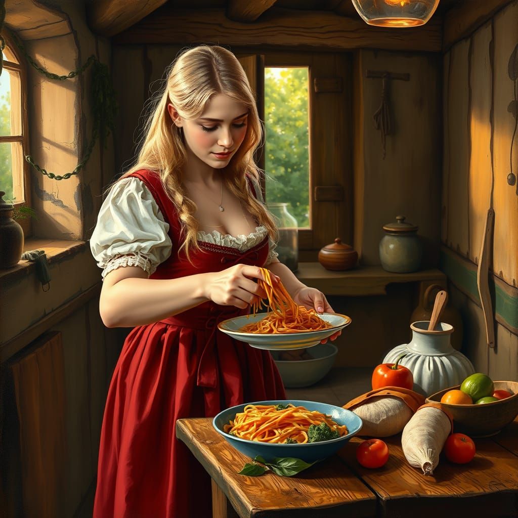 Dirndl Girl Prepares Spaghetti: Oil Painting Style
