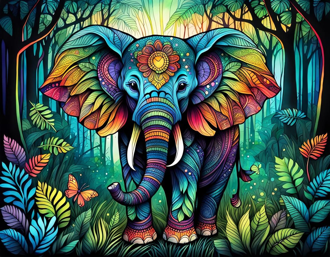 Whimsical Zentangle Elephant in African Forest