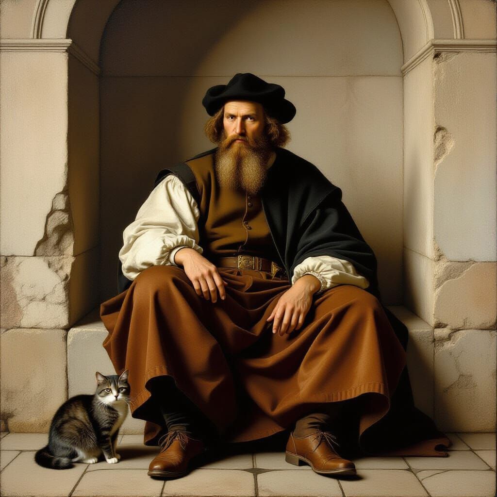 Man with Grey Cat in Classical Style